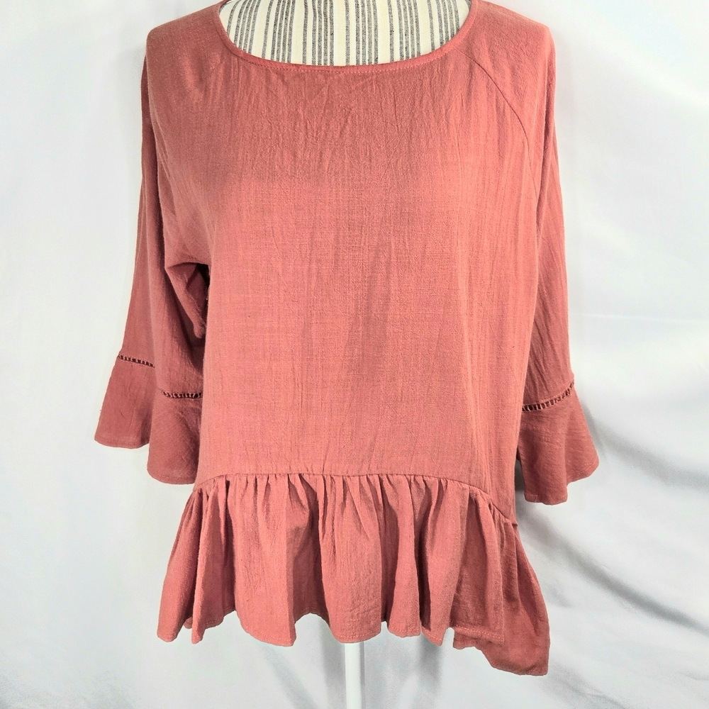 Sacred Threads NWT Orange BOHO Bell Sleeve Ladder Lace Accent Ruffle Hem Top OS